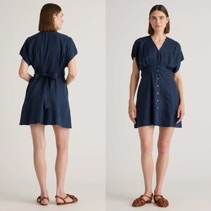 EUC Quince Vintage Wash Tencel Button Front A-Line Dress Midnight Blue Medium